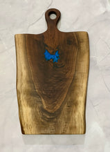 Load image into Gallery viewer, Figured Walnut Charcuterie Board with Iridescent Blue Epoxy