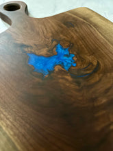 Load image into Gallery viewer, Figured Walnut Charcuterie Board with Iridescent Blue Epoxy
