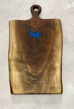 Load image into Gallery viewer, Figured Walnut Charcuterie Board with Iridescent Blue Epoxy
