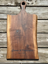 Load image into Gallery viewer, ** Pre Order** Personalized Walnut Charcuterie Board with Carved Handle – Custom Engraved Serving Board
