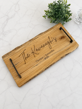 Load image into Gallery viewer, ** Pre Order** Personalized Live Edge Serving Tray with Handles – Custom Engraving Included
